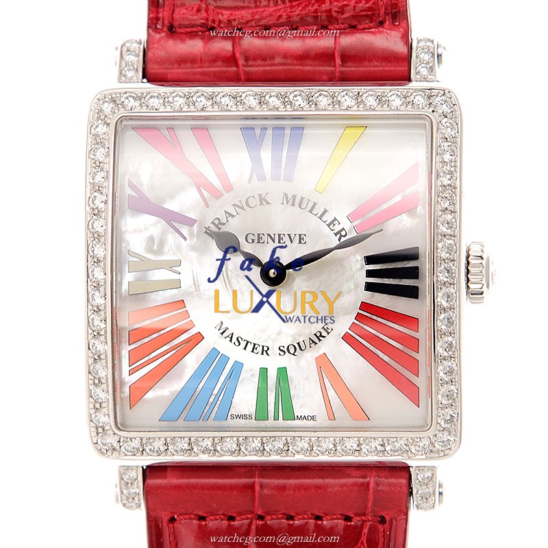 Franck Muller Master Square 6002 M B QZ COL DRM MOP R D 1R AC Quartz White Dial Red Alligator Strap - Luxury Replica Watch