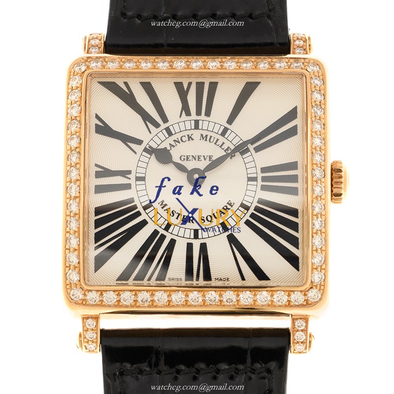 Franck Muller 6002 M B QZ R D 1R 5N BLACK STRAP Replica Watch, Quartz, Silver Dial, 18kt Rose Gold