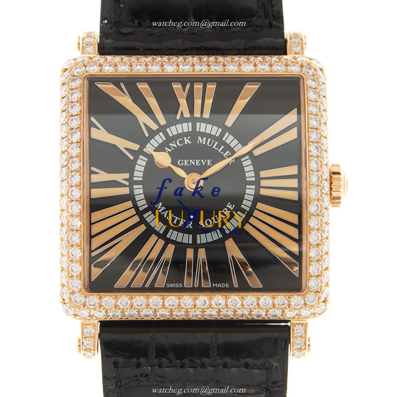 Franck Muller 6002 M QZ REL D 5N-BK Master Square Quartz 18kt Rose Gold & Diamonds Black Dial