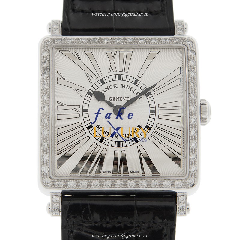 Franck Muller 6002 M QZ REL R D 1R OG Master Square Quartz 18kt White Gold Diamond Brown Leather
