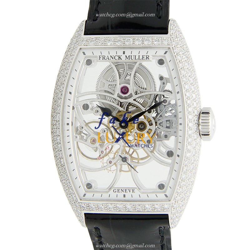 Franck Muller 7880 B S6 SQT D OG Replica Watch, Transparent Skull Dial, White Gold & Diamond - Luxury Replica Watch