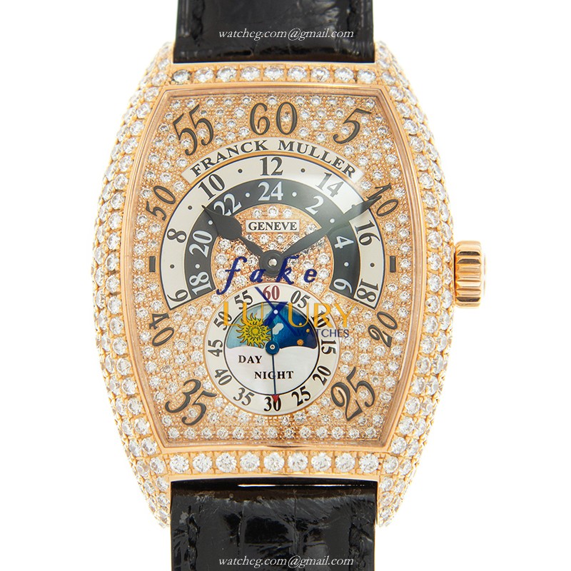 Franck Muller 7880 H R JN D CD 5N-BLACK STRAP CINTREE CURVEX Auto 18kt Rose Gold Diamond Replica - Luxury Replica Watch