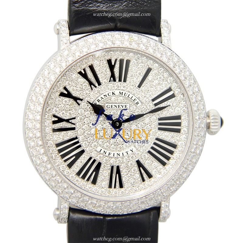 Franck Muller 8038QZRDCDOG Quartz 18kt White Gold Diamond Replica Watch - Round - Black Dial - Luxury Replica Watch