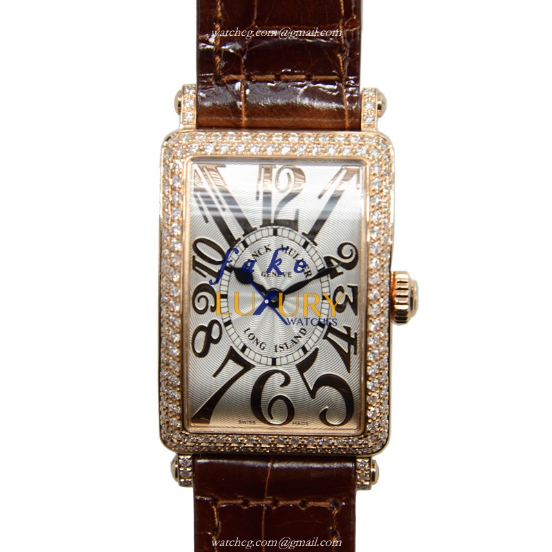 Franck Muller 902 QZ D REL 5N Long Island Replica Watch, Silver Dial, Rose Gold & Diamonds Case