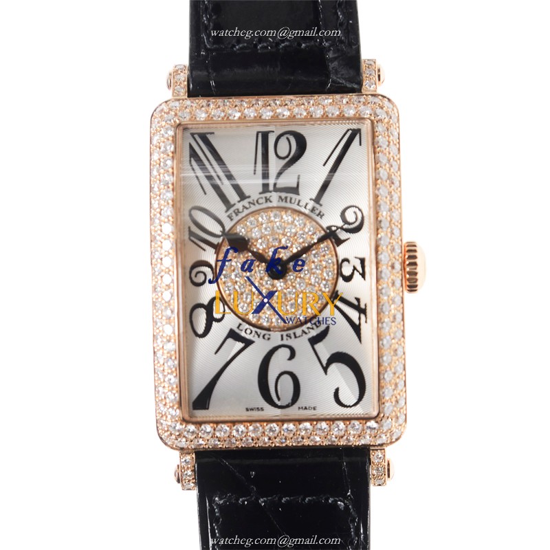 Franck Muller 952 QZ D 1P 5N Long Island Replica Watch, Quartz, Rose Gold & Diamonds Case, Silver