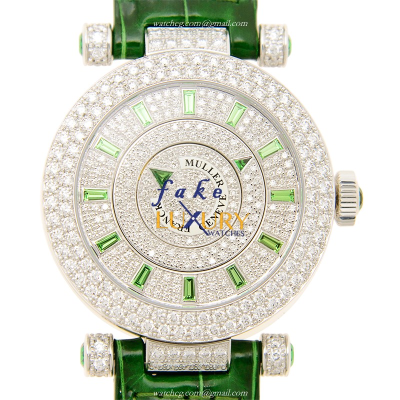 Franck Muller DM 36 D 2R CD OG DOUBLE MYSTERY Auto 18kt White Gold Diamond Replica Watch - Green - Luxury Replica Watch