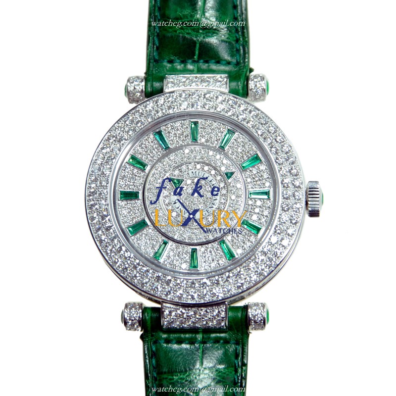 Franck Muller DM 42 D 2R CD OG Automatic 18kt White Gold Diamond Green Alligator Replica Watch - Luxury Replica Watch