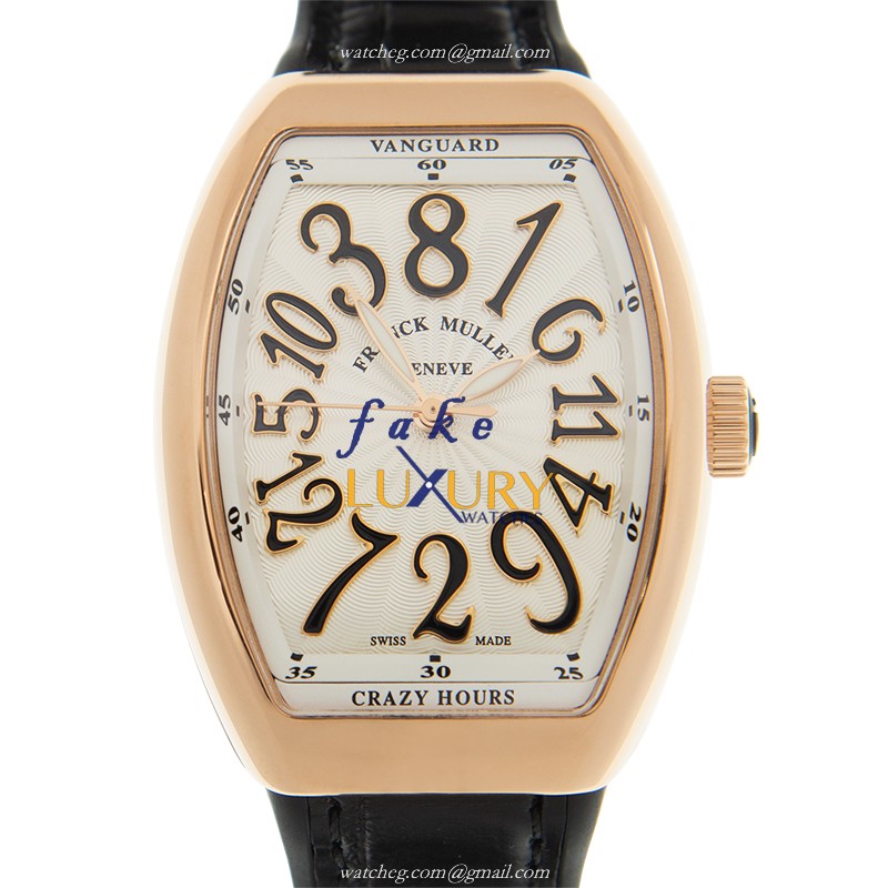 Franck Muller V 32 CH 5N.NR Crazy Hours Auto 18kt Rose Gold Replica Watch, White Dial, Leather Strap - Luxury Replica Watch