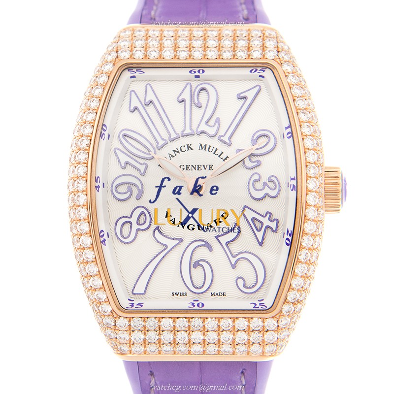 Franck Muller Vanguard V 32 QZ D 5N.VL Quartz 18kt Rose Gold Diamonds White Dial Purple Alligator - Luxury Replica Watch
