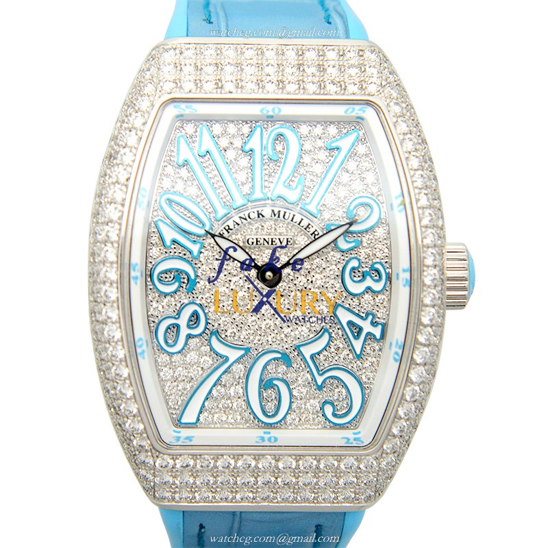 Franck Muller V 32 QZ D CD AC.BL Quartz Stainless Steel Diamond Bezel Replica Watch, Silver Dial - Luxury Replica Watch