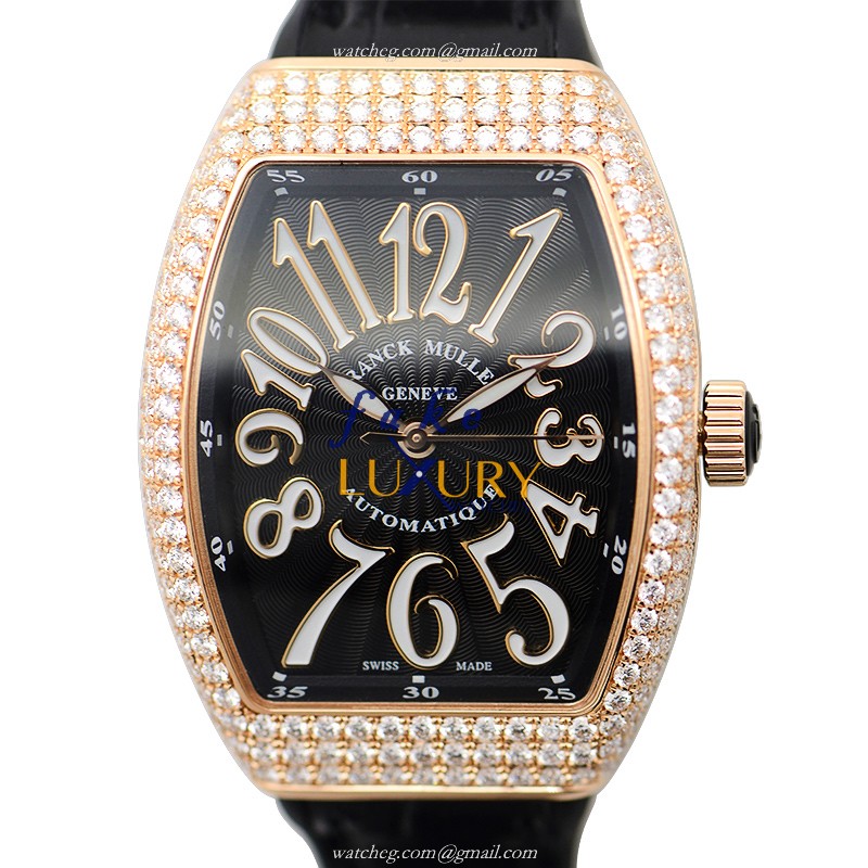 Franck Muller V 32 SC AT FO D 5N.NR Vanguard Replica Watch, 32mm Rose Gold & Diamond Case, Black - Luxury Replica Watch