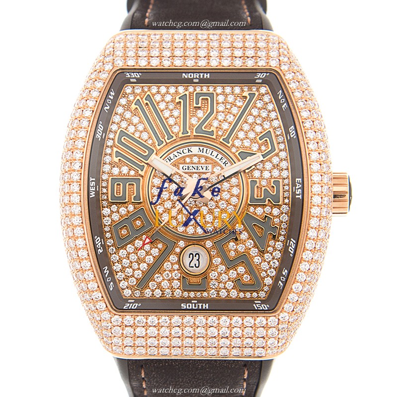 Franck Muller V 41 SC DT D CD 5N.TT Replica Watch, Automatic, 18kt Rose Gold & Diamonds Case, Gold - Luxury Replica Watch