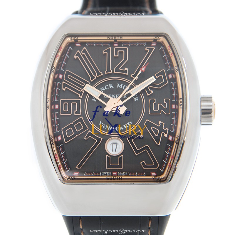 Franck Muller V 45 SC DT AC.5N VANGUARD Auto Stainless Steel Replica Watch, Leather Band, Black Dial - Luxury Replica Watch