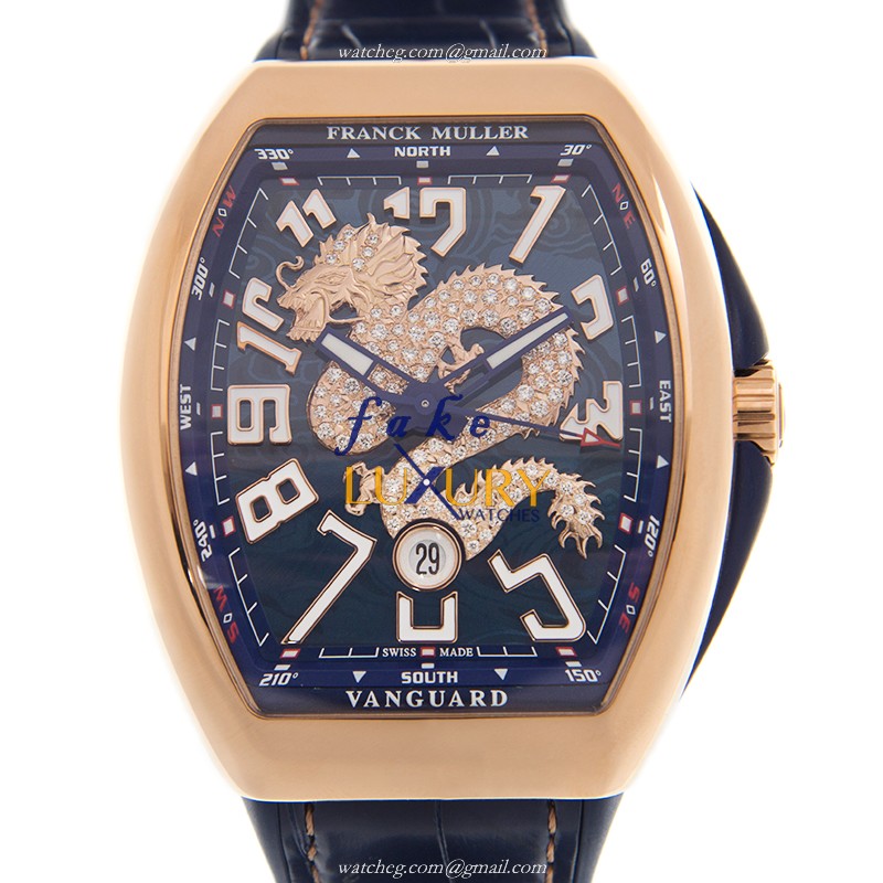 Franck Muller V 45 SC DT DIA DRAGON KING VANGUARD Automatic 18kt Rose Gold Silver Dial Blue Leather - Luxury Replica Watch
