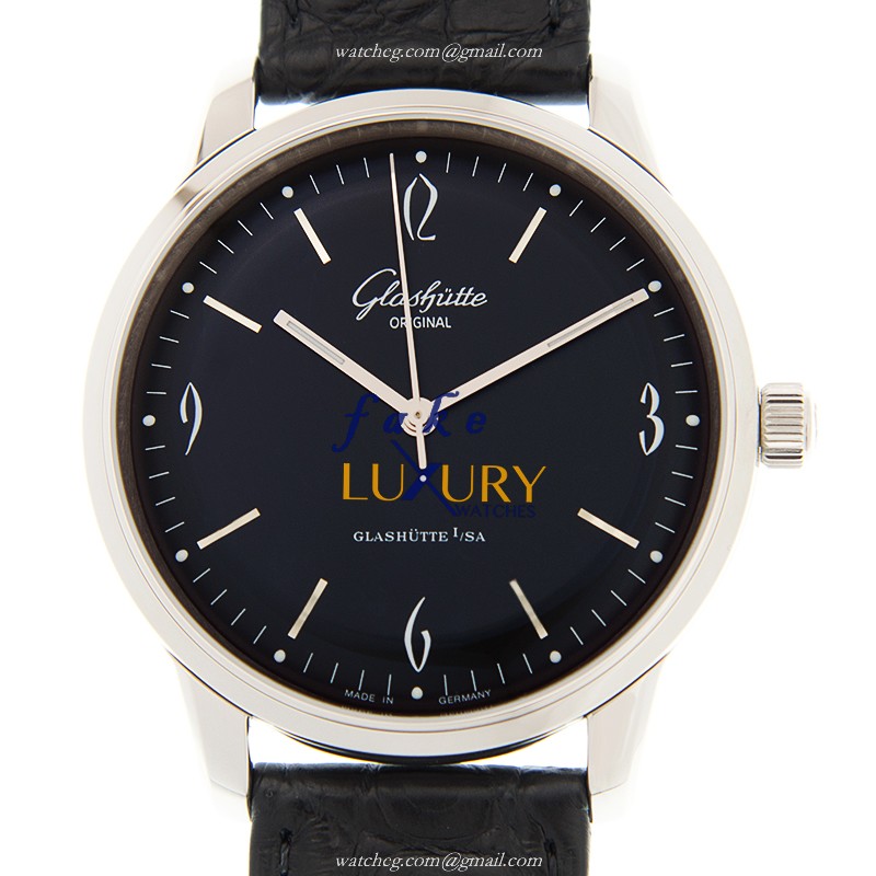 Glashutte 1-39-52-04-02-04 Senator Sixties Replica Watch, Black Dial, Steel Case, Alligator Strap - Luxury Replica Watch