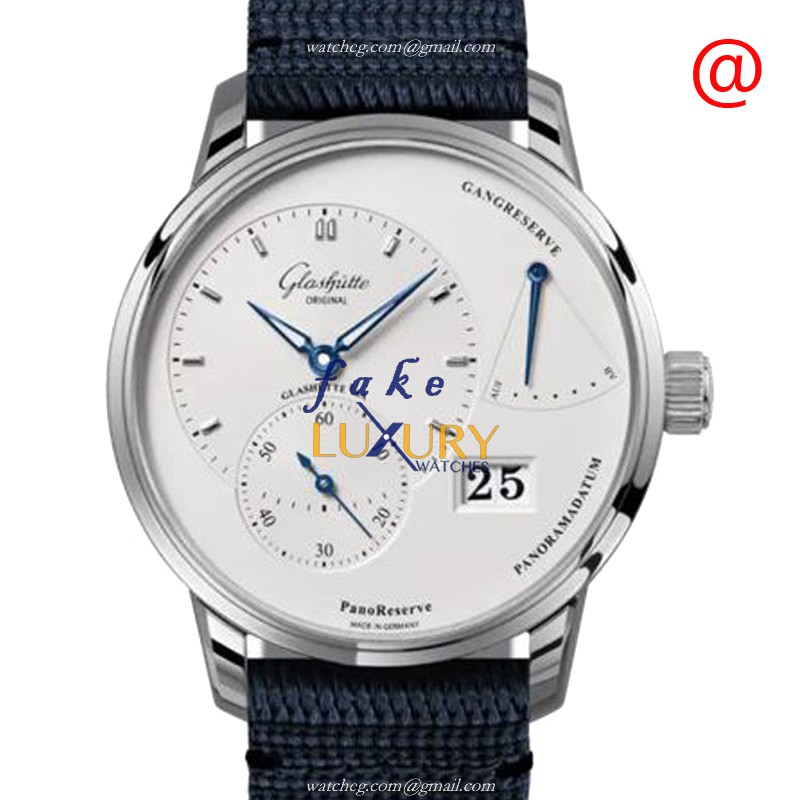 Glashutte 1-65-01-22-12-34 PANO Replica Watch, Manual Wind, Silver Dial, Steel Case, Blue Nylon - Luxury Replica Watch