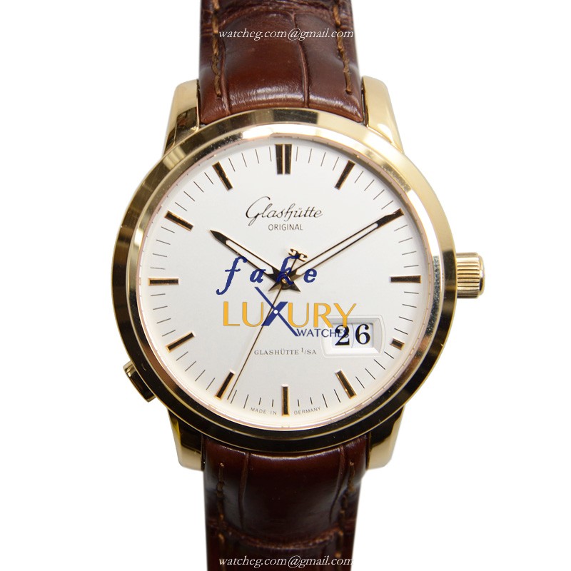 Glashutte Senator Panorama Date Replica Watch 100-03-11-01-04, Automatic, Rose Gold Case, Silver - Luxury Replica Watch