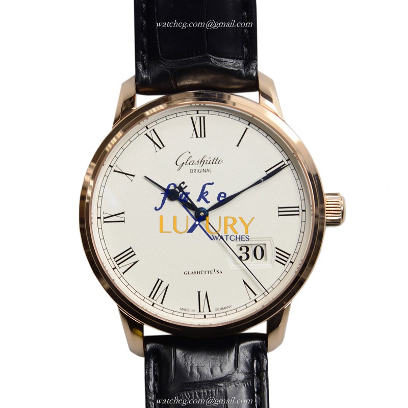 Glashutte Senator Panorama Date 100-03-32-45-04 Replica Watch, Rose Gold Case, Silver Dial, Black - Luxury Replica Watch