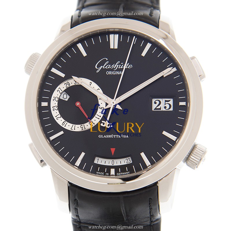100-13-02-02-04 - Glashutte Senator Manual Winding Replica Watch - Black Dial - Alligator Strap - Luxury Replica Watch