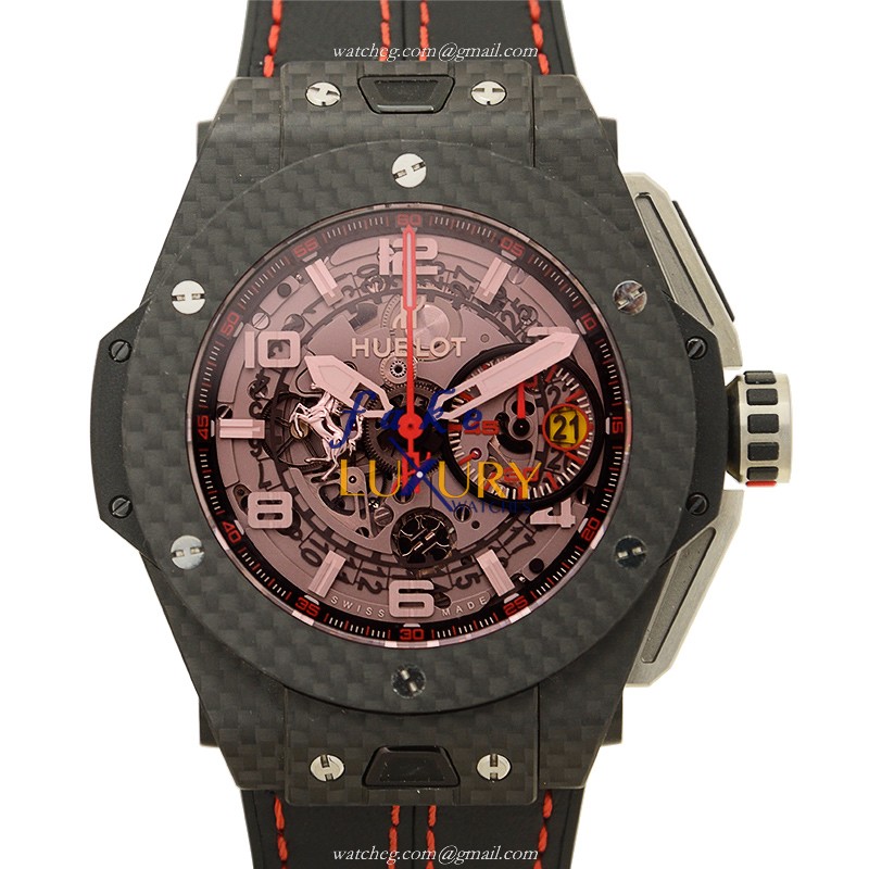 Hublot 401.QX.0123.VR Automatic Carbon Fiber Replica Watch, Red Dial, Black Rubber Strap - Luxury Replica Watch