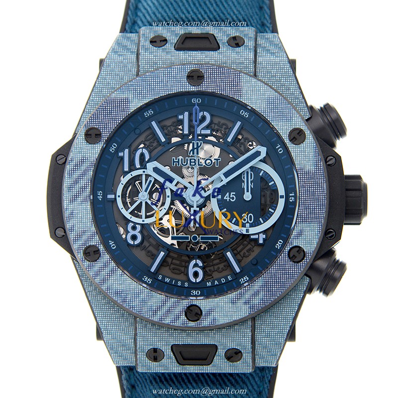 Hublot 411.YL.5190.NR.ITI16 Carbon Fiber Automatic Replica Watch - Dark Grey Dial, Blue Jeans Strap - Luxury Replica Watch
