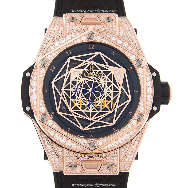 Hublot 415.OX.1118.VR.1704.MXM17 Replica Automatic Watch, 18kt Rose Gold, Diamonds, Black Dial - Luxury Replica Watch