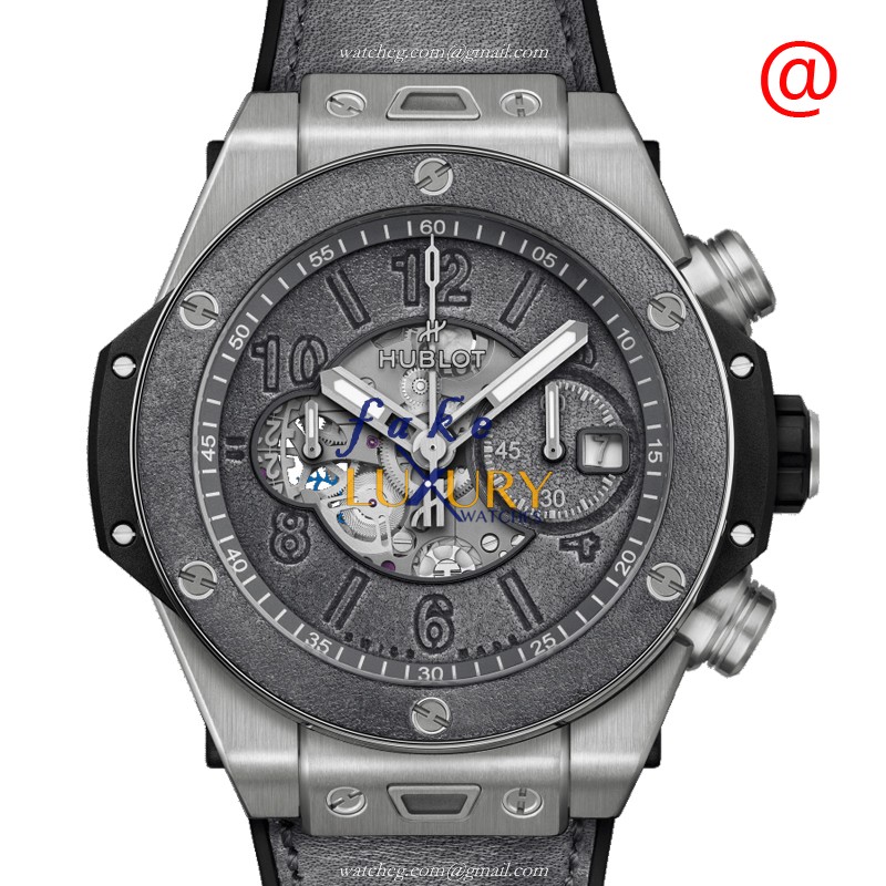 Hublot 421.NX.0500.VR.BER21 BIG BANG Auto Titanium Replica Watch, Gray Dial, Leather Strap - Luxury Replica Watch