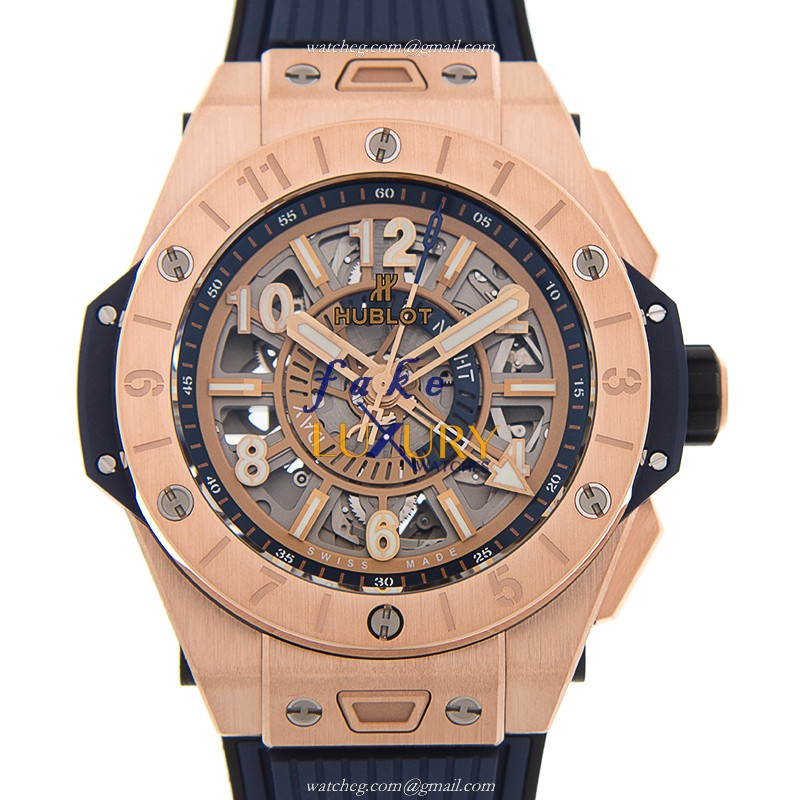 Hublot 471.OX.7128.RX Automatic 18kt Rose Gold BIG BANG Replica Watch - 45mm Gold Dial Blue Rubber - Luxury Replica Watch