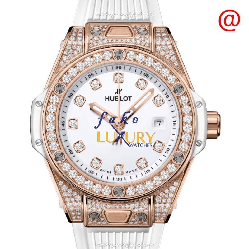 Hublot 485.OE.2210.RW.1604 Replica Watch, Automatic, 18kt Rose Gold & Diamonds, White Dial, Rubber - Luxury Replica Watch