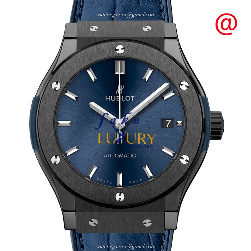 -541.CM.7170.LR Hublot Classic Fusion Auto Ceramic Replica Watch - Blue Dial & Alligator Strap - Luxury Replica Watch