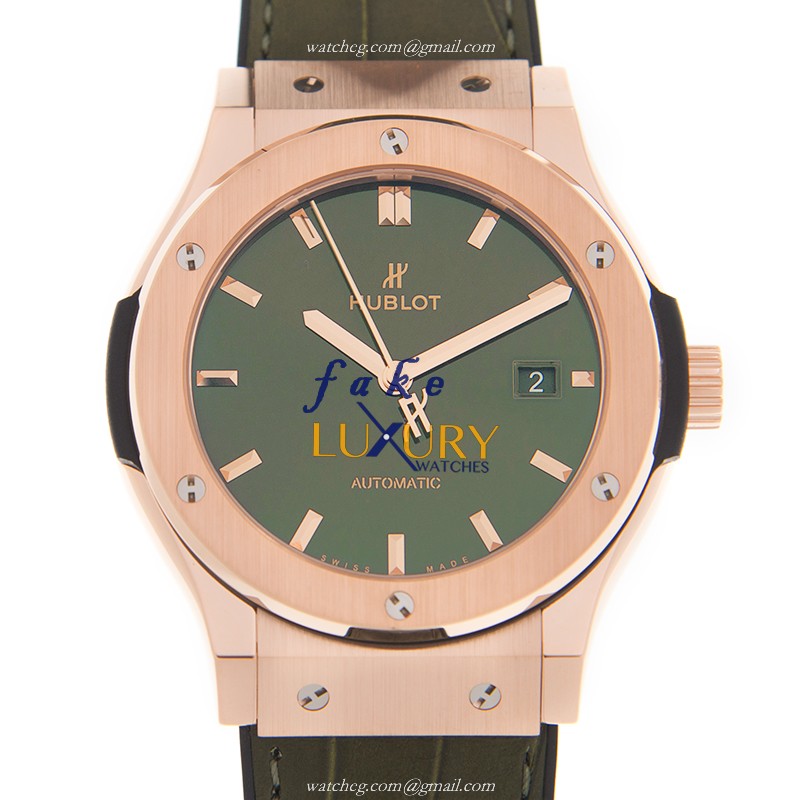 Hublot 542.OX.8980.LR Classic Fusion Auto 18kt Rose Gold Replica Watch - Purple Dial, Green Leather - Luxury Replica Watch