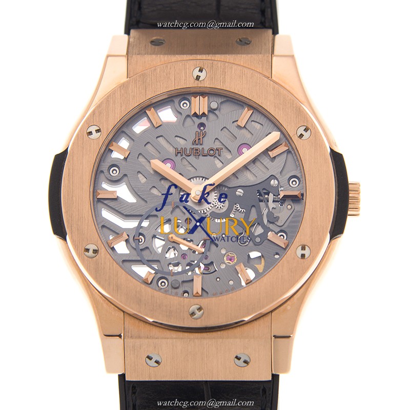 Hublot 545.OX.0180.LR Manual Wind 18kt Rose Gold Replica Watch, Swiss Movement, Silver Dial, Black - Luxury Replica Watch