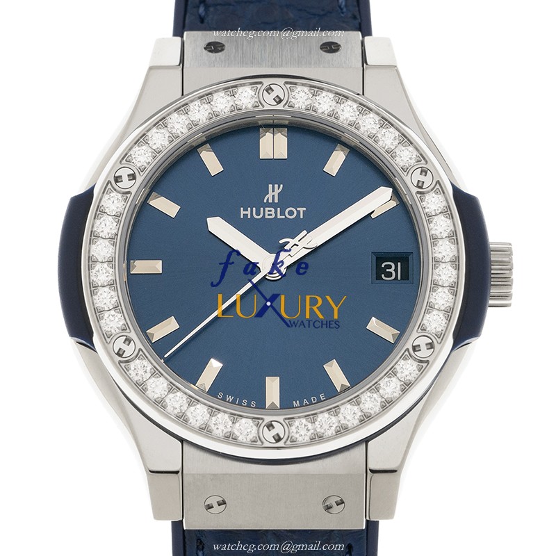 Hublot 581.NX.7170.LR.1104 Quartz Titanium Diamond Replica Watch, Blue Dial, Alligator Strap - Luxury Replica Watch