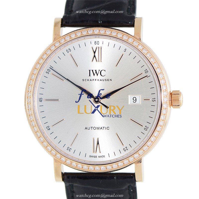IWC IW356515 Portofino Replica Watch, Automatic Movement, Silver Dial, 18kt Rose Gold & Diamonds - Luxury Replica Watch