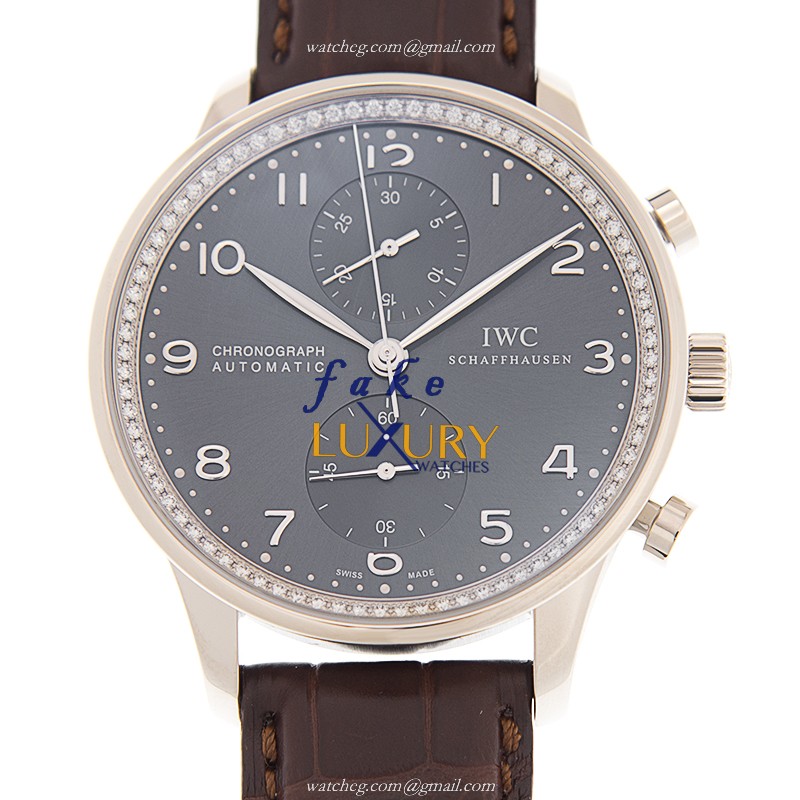 IWC IW371473 Portuguese Automatic 18kt White Gold Diamond Gray Dial Leather Strap Replica Watch - Luxury Replica Watch