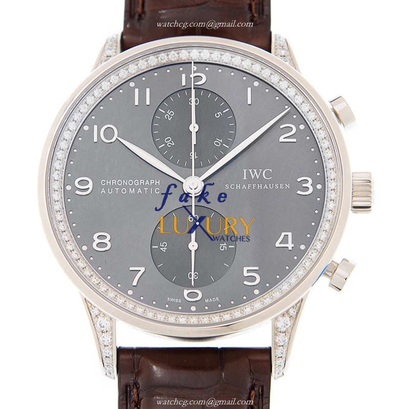 IWC IW371475 Portuguese Automatic Replica Watch, 18kt White Gold, Dark Grey Dial, Alligator Strap - Luxury Replica Watch