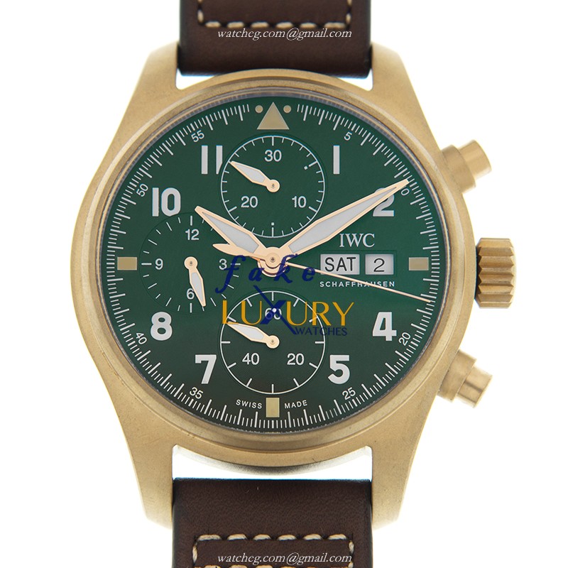 IWC IW387902 Spitfire Replica Watch, Automatic, Green Dial, Bronze Case, Brown Leather Strap - Luxury Replica Watch
