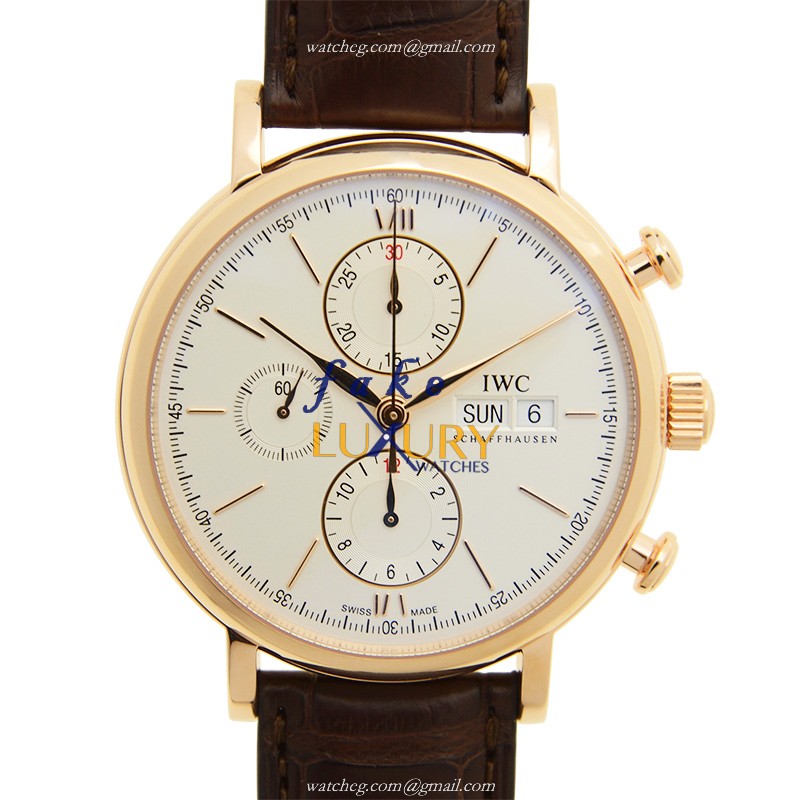 IWC IW391020 Portofino Replica Watch, Silvery White Dial, 18kt Rose Gold Case, Brown Alligator Strap - Luxury Replica Watch