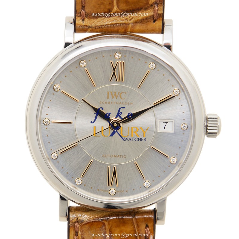 IWC IW458101 Portofino Replica Watch With Automatic Movement, Silver Dial, Brown Alligator Strap - Luxury Replica Watch
