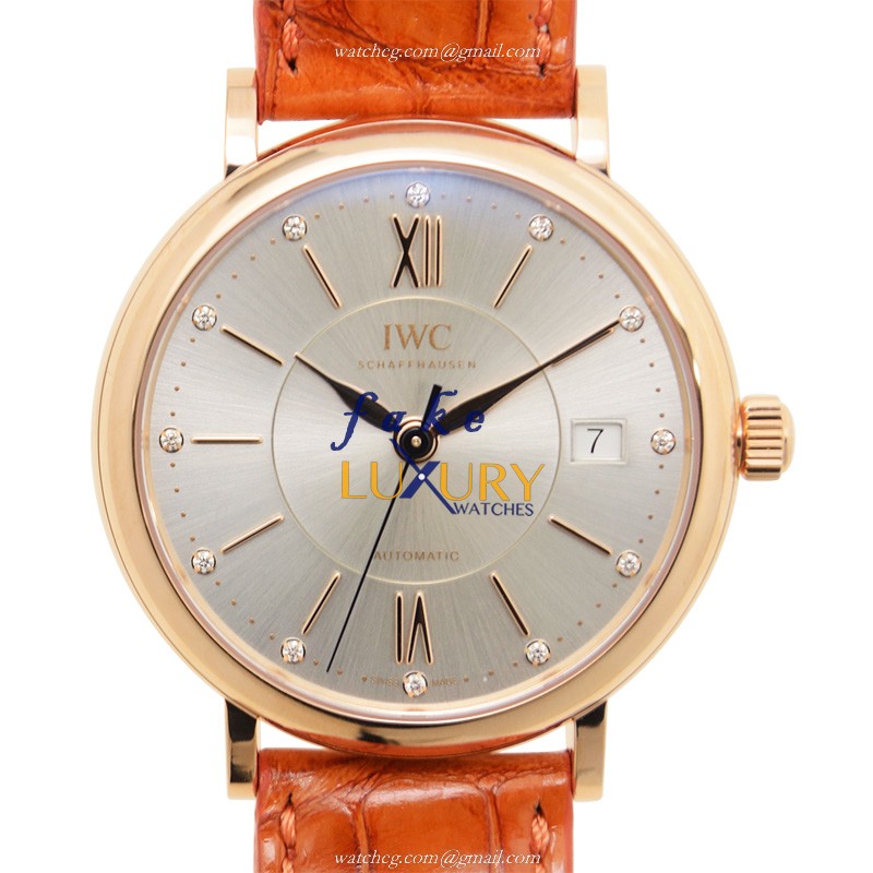 IWC Portofino Automatic 18kt Rose Gold IW458105 Silver Dial Orange Alligator Strap Replica Watch - Luxury Replica Watch