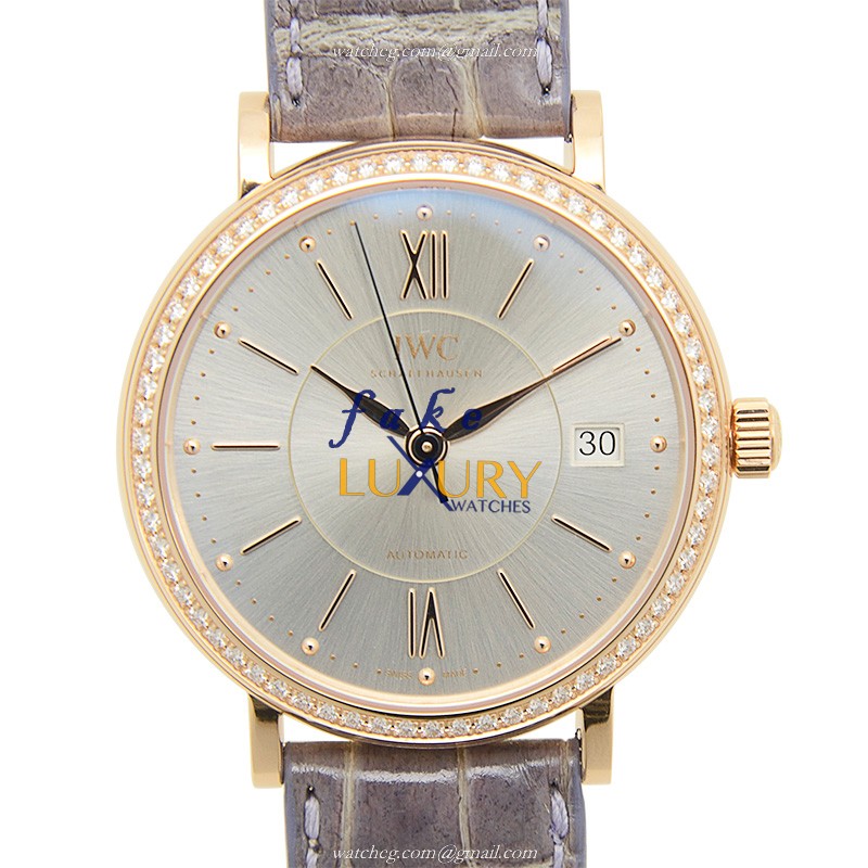 IWC IW458107 Portofino - Replica Watch - Automatic - 18kt Rose Gold & Diamonds - Silver Dial - Luxury Replica Watch