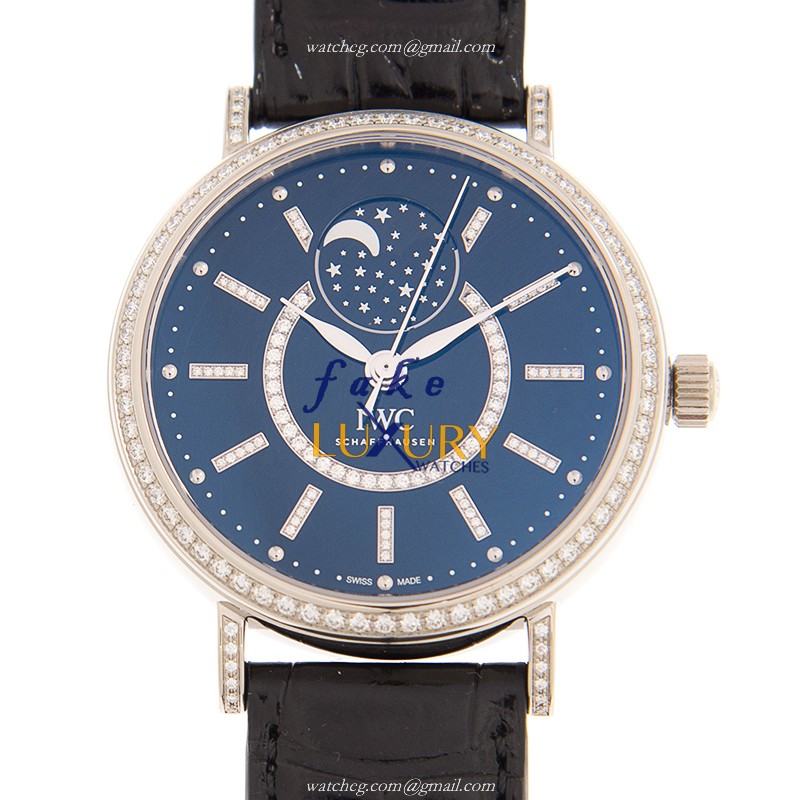 IWC PORTOFINO IW459004 Automatic 18kt White Gold Diamond Black Dial Leather Strap Replica Watch - Luxury Replica Watch