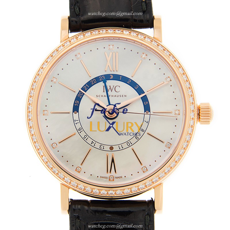 IWC IW459102 Portofino Replica Watch, White Dial, 18kt Rose Gold & Diamond Case, Black Alligator - Luxury Replica Watch