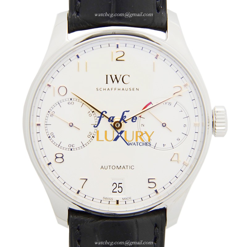 IWC IW500704 Portuguese Replica Watch, Automatic Movement, Silver Dial, Steel Case, Black Alligator - Luxury Replica Watch