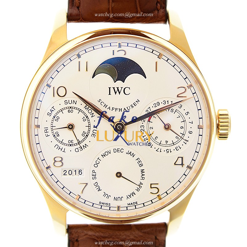 IWC Portuguese IW502213 Manual Wind 18kt Rose Gold White Dial Brown Alligator Replica Watch - Luxury Replica Watch