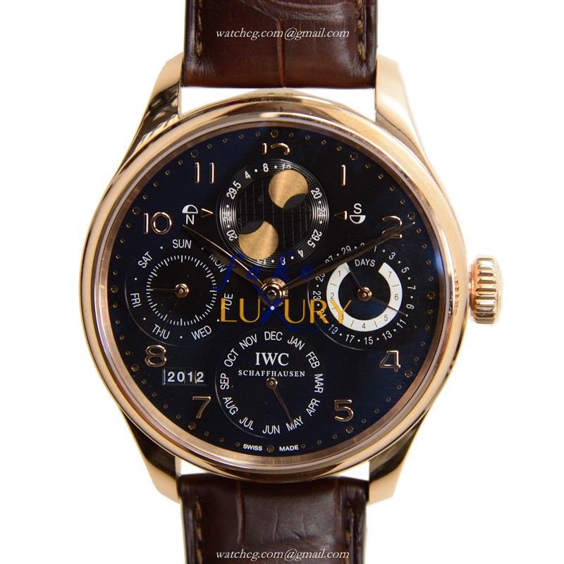 IWC IW503202 Portuguese Replica Watch Automatic 18kt Rose Gold Black Dial Brown Alligator Strap - Luxury Replica Watch