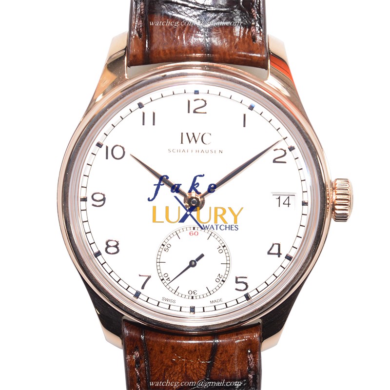 IWC IW510204 Portuguese Automatic Replica Watch, 18kt Rose Gold Case, Silver Dial, Brown Alligator - Luxury Replica Watch