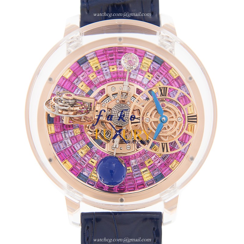 Jacob & Co AT130.48.HD.UC.B FL4D Automatic 18kt Rose Gold Replica Watch - Pink Dial, Dark Blue - Luxury Replica Watch