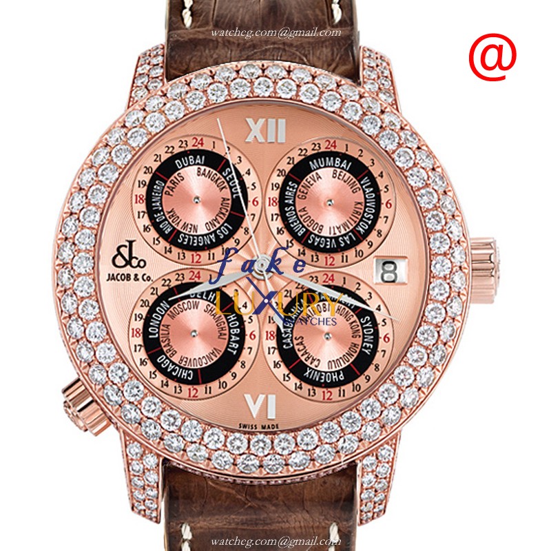 GMT7RGDC - Jacob & Co Replica Watch Automatic 18kt Rose Gold Diamonds Gold Dial Black Alligator - Luxury Replica Watch