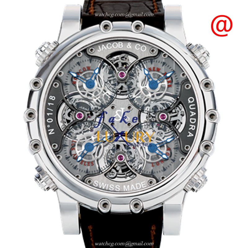 Jacob & Co QUADWG Manual Wind 18kt White Gold - Ceramic Bezel - Sapphire Crystal - Black Alligator - Luxury Replica Watch